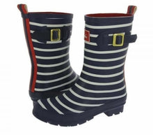 Load image into Gallery viewer, JOULES Nautical Navy Striped Kids Wellies
